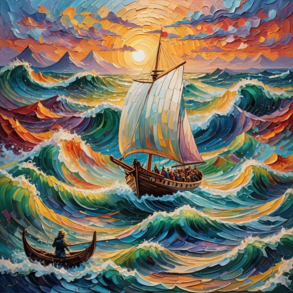 Viking Sailboat Rides a Super Wave at Sunrise