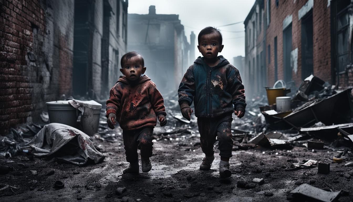 Post-Apocalyptic Family Scavenging in Ruined Town