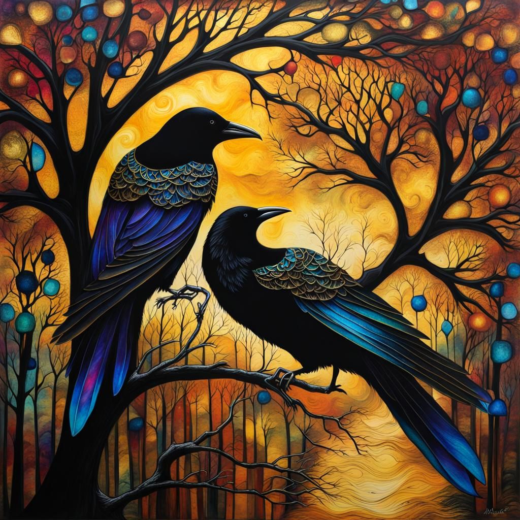 Mystical Crows in Fantasy Landscape, Alcohol Ink