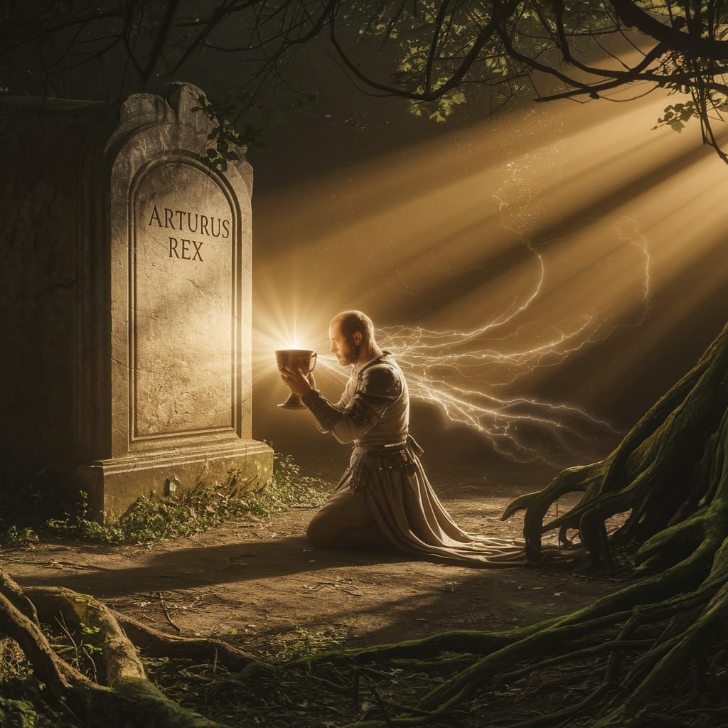 Knight Praying at Arthur's Tomb in Golden Hour