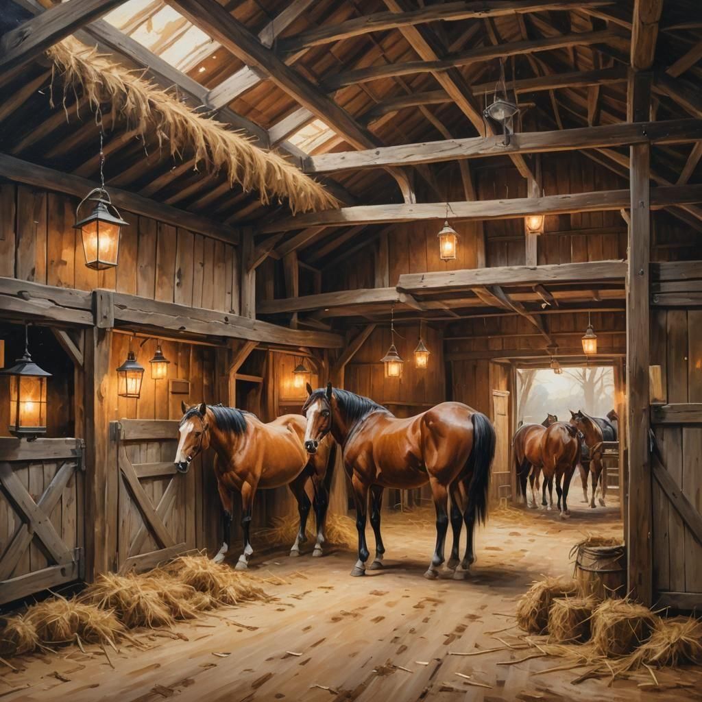 Horses in Barn: Impressionist Countryside Oil Painting