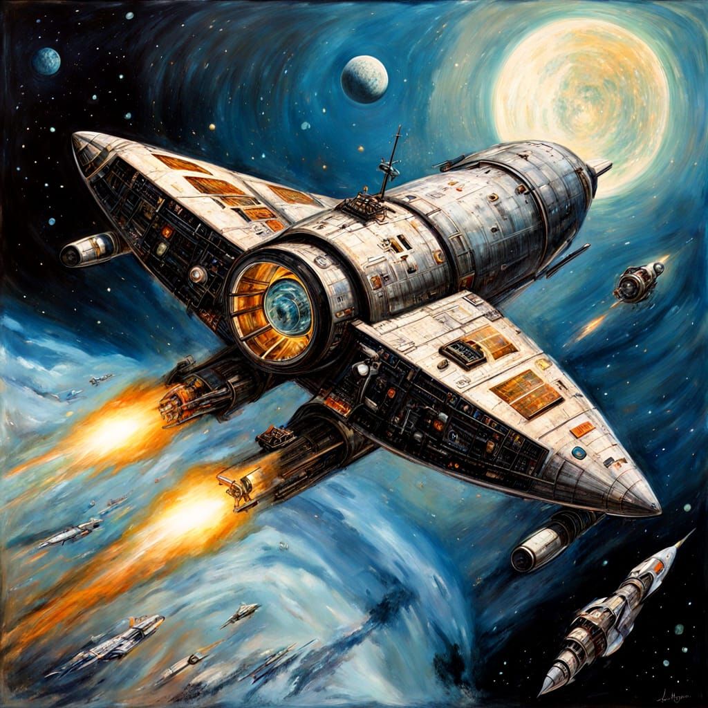 Retro Rocket Ship in Space, Steampunk Illustration