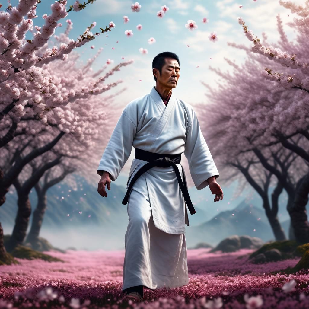 Qi Gong Master in Cherry Blossom Field