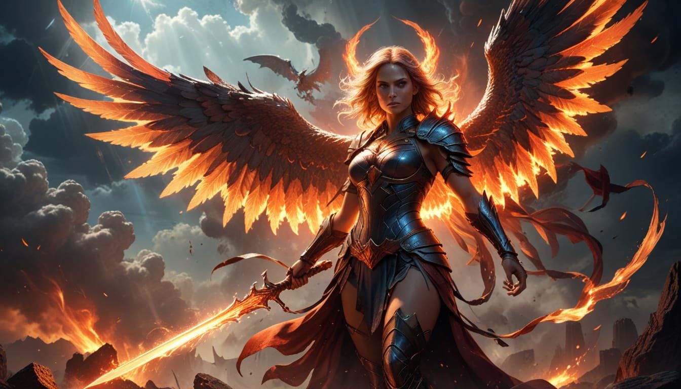 Epic Female Heroine in Angelic Demon Battle