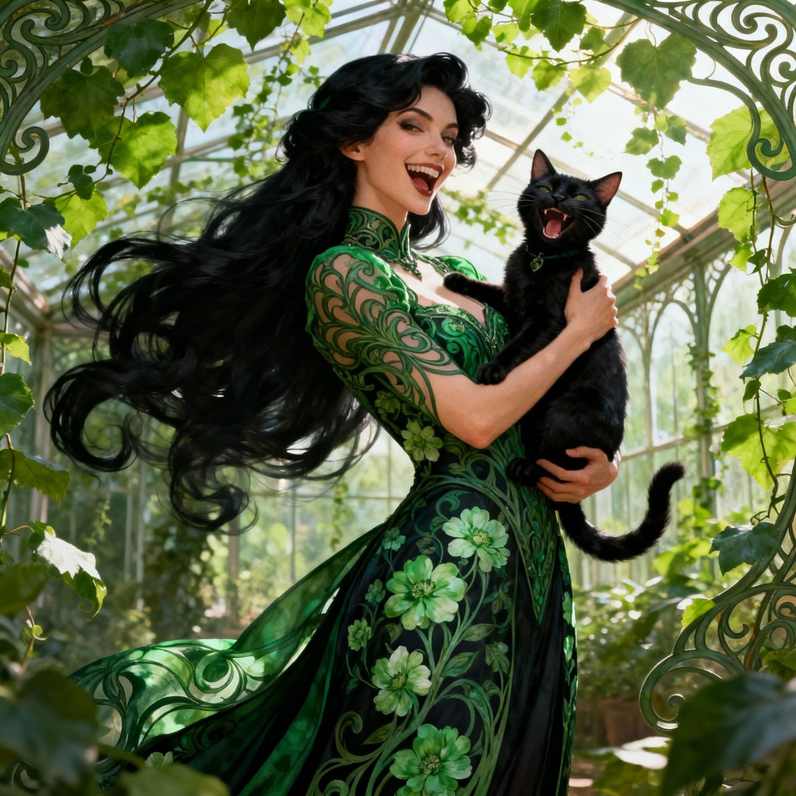 Art Nouveau Woman and Cat in Greenhouse