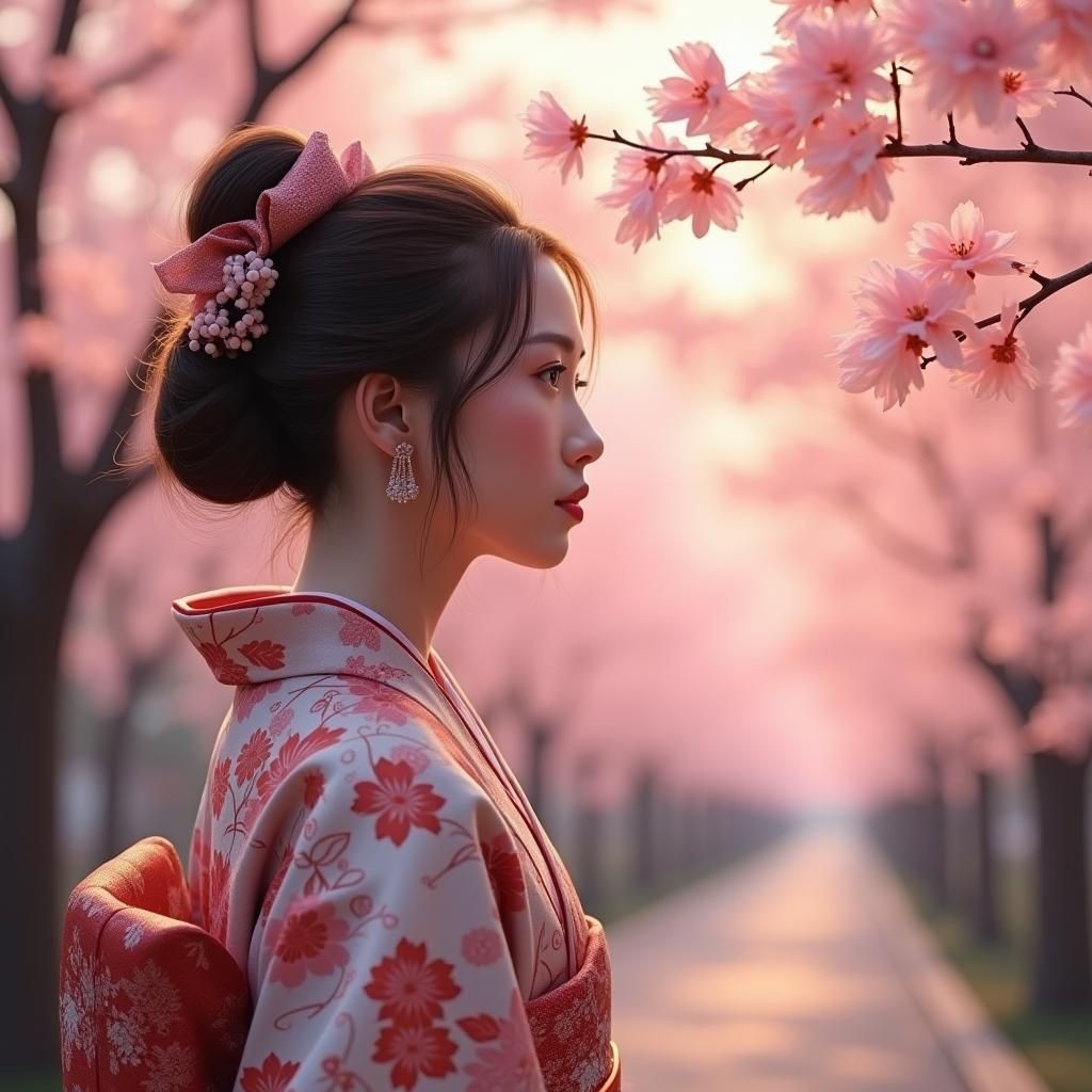 Woman in Kimono with Sakura Blossoms at Dusk