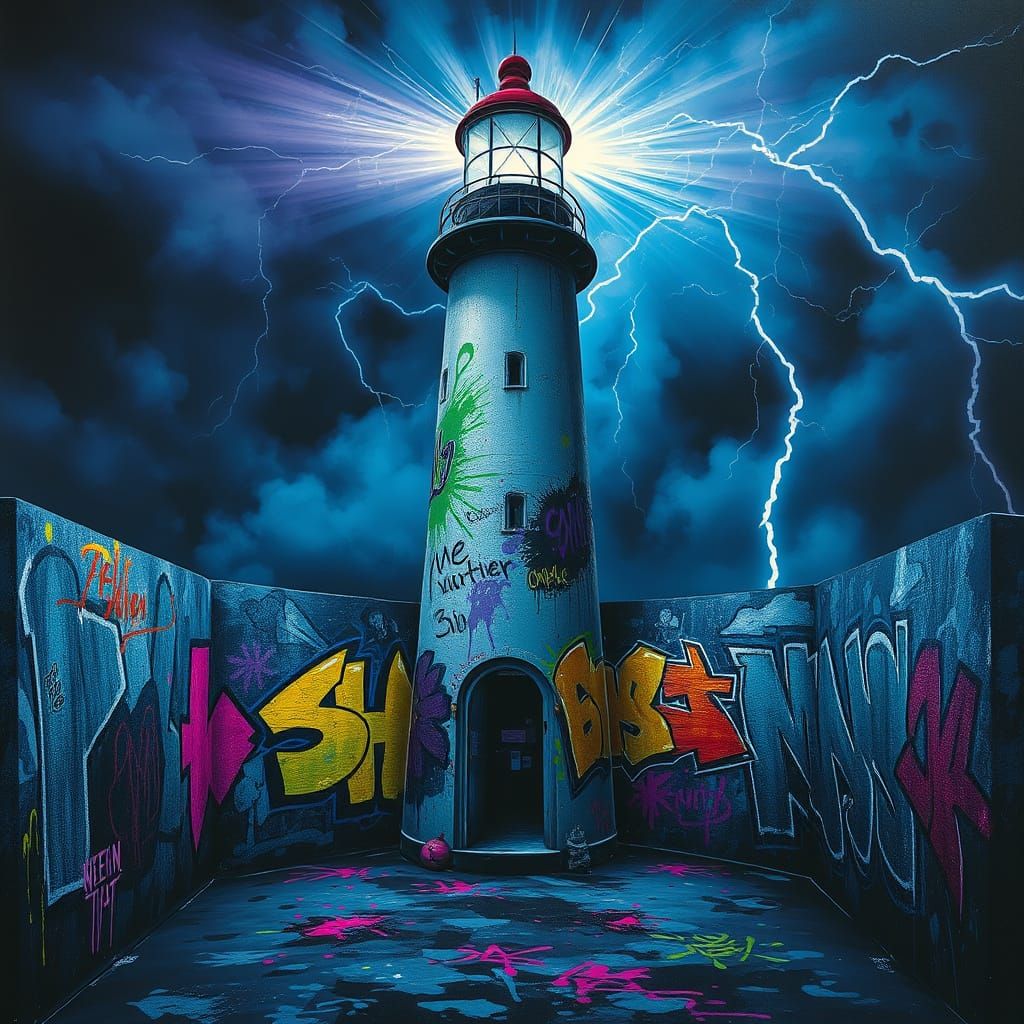 Lighthouse Interior Graffiti Art in Stormy Weather