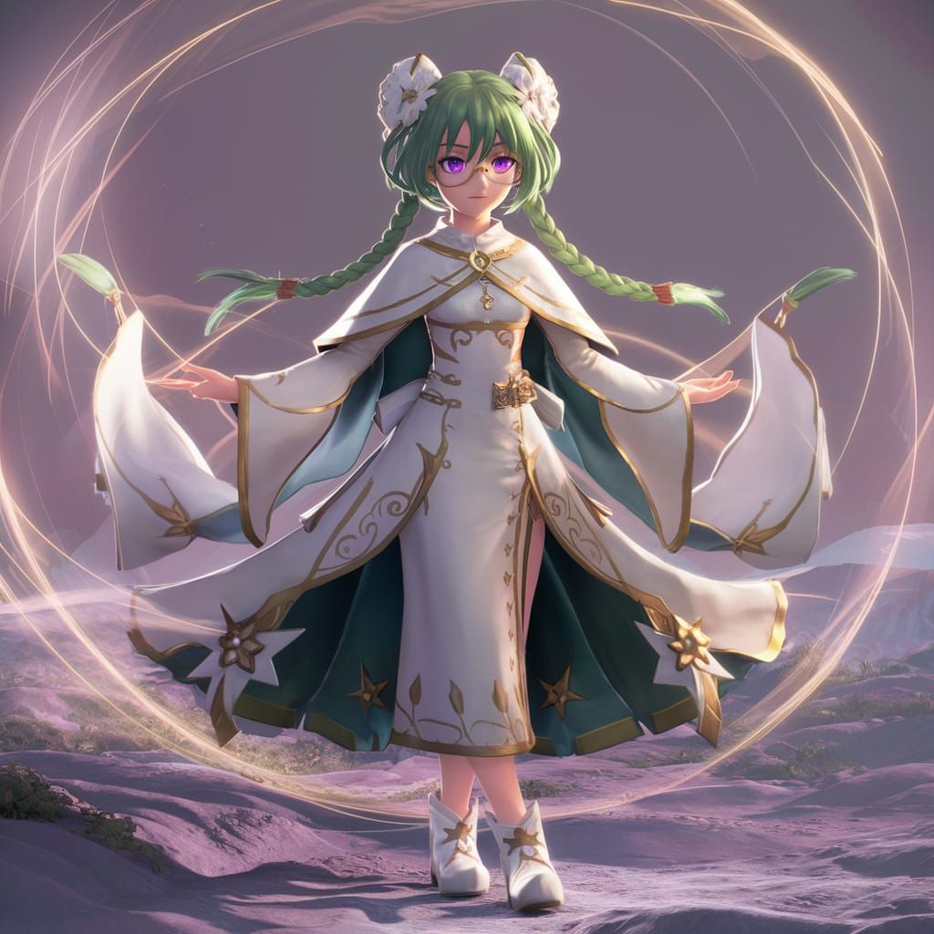 Anime Priestess with Green Hair in Vray Tracing