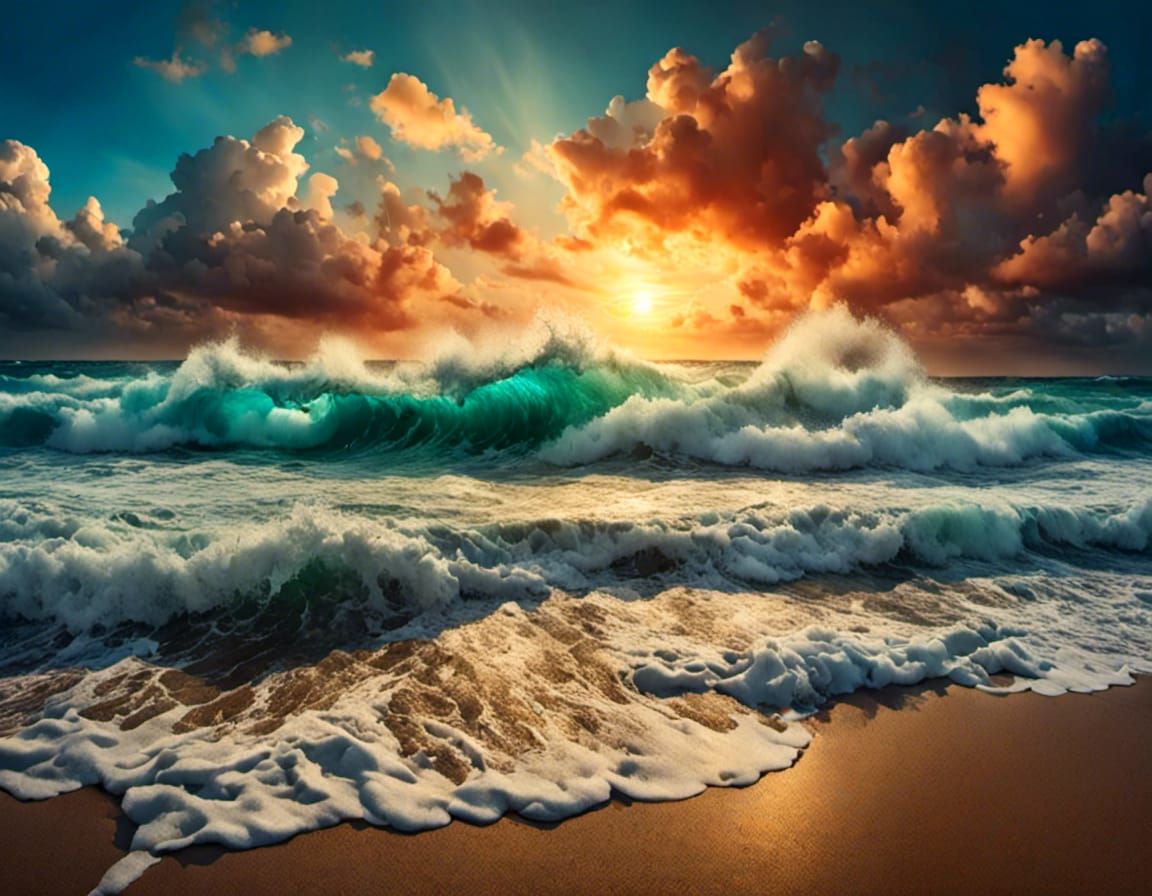 Tropical Sunset with Crashing Waves in Watercolor Style