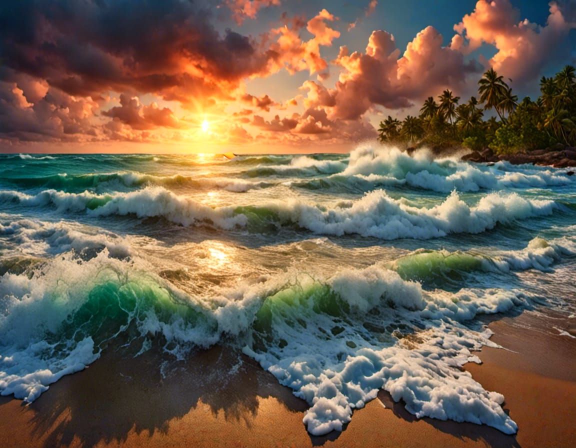 Dramatic Sunset Over Tropical Beach in Watercolor Style