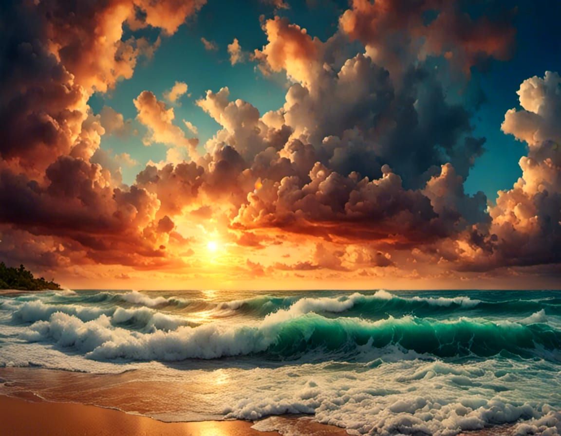 Tropical Sunset with Dramatic Sky and Crashing Waves