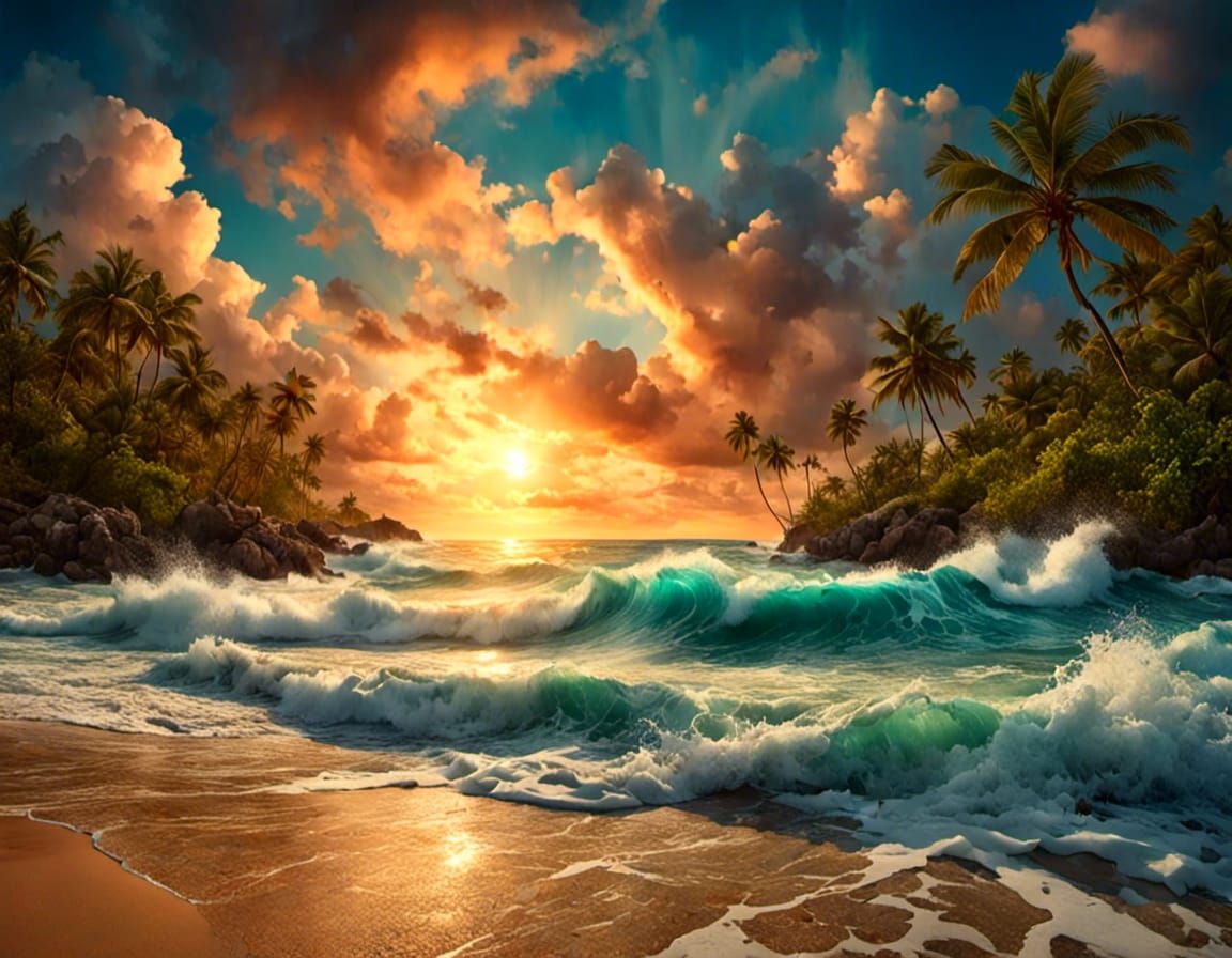 Tropical Beach Sunset with Dramatic Sky in Watercolor