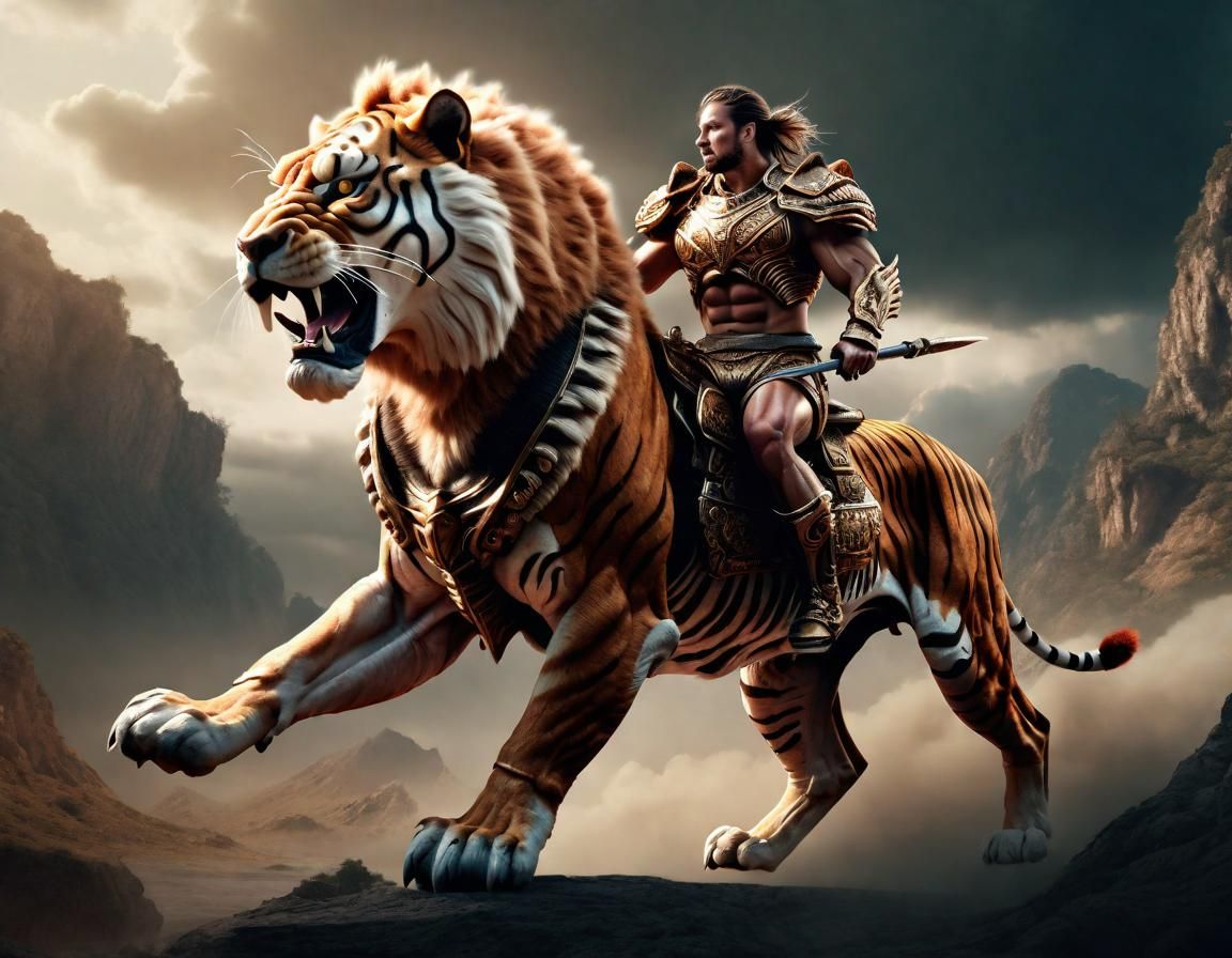 Epic Warrior Rides Liger in Digital Painting
