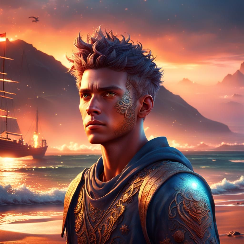Boy on Beach at Sunset: Fantasy Concept Art