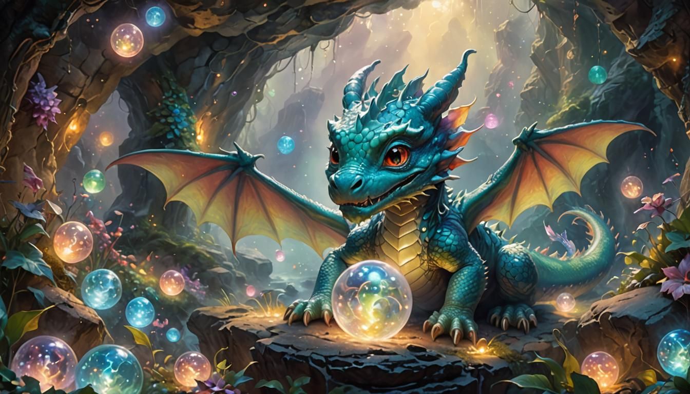 Baby Dragon Plays with Orbs in Misty Cave