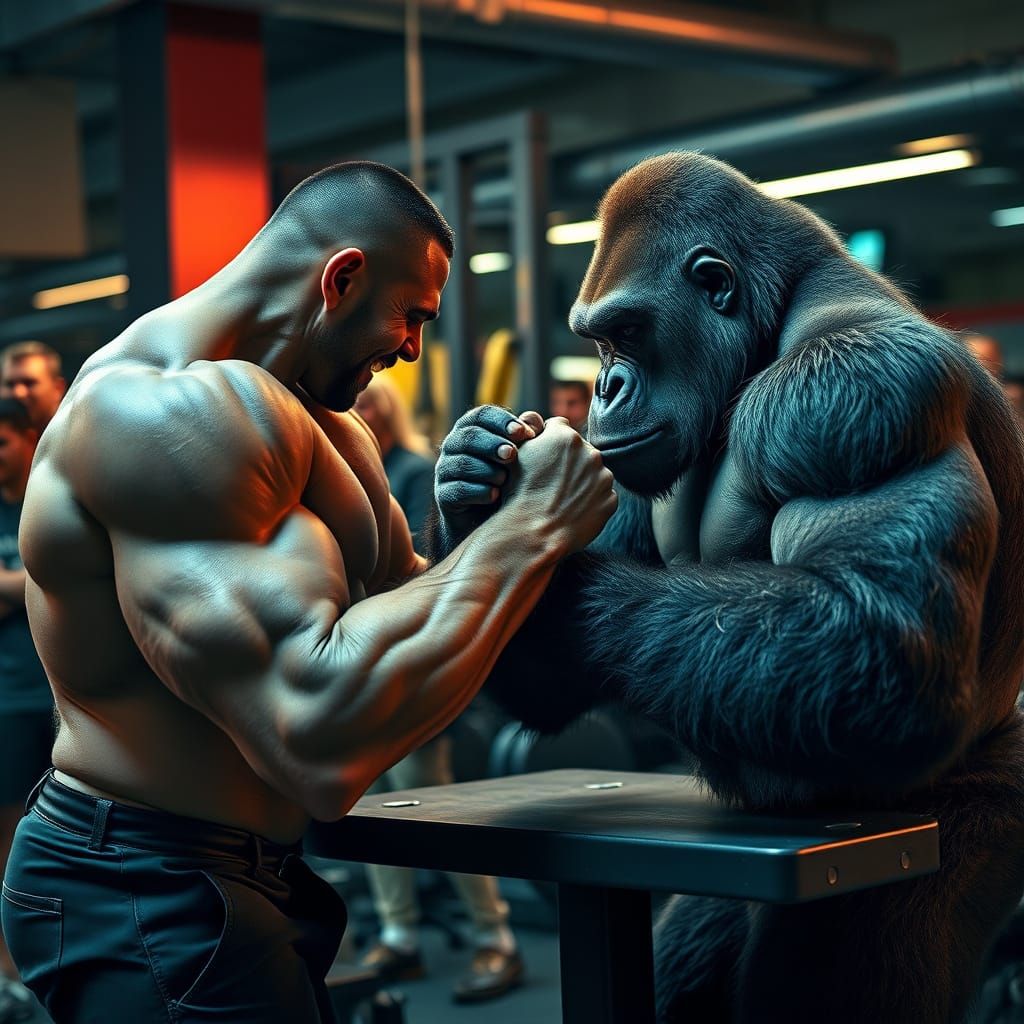 Bodybuilder Arm Wrestles Gorilla in Gym