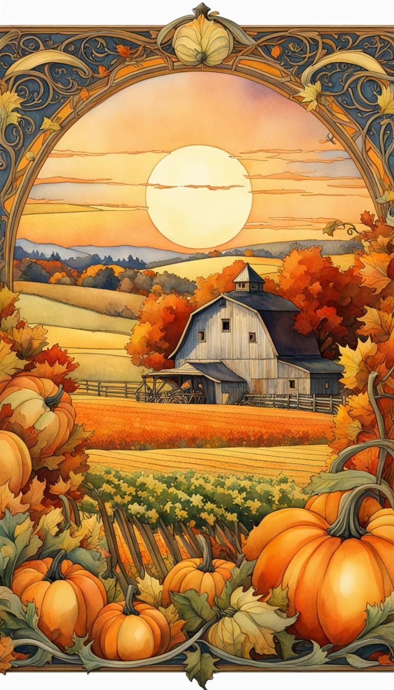 Wisconsin Dairy Farm Fall Harvest in Art Nouveau Style
