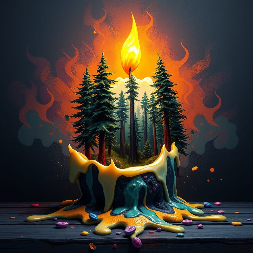 Candle Reveals Forest Landscape in Graffiti Art