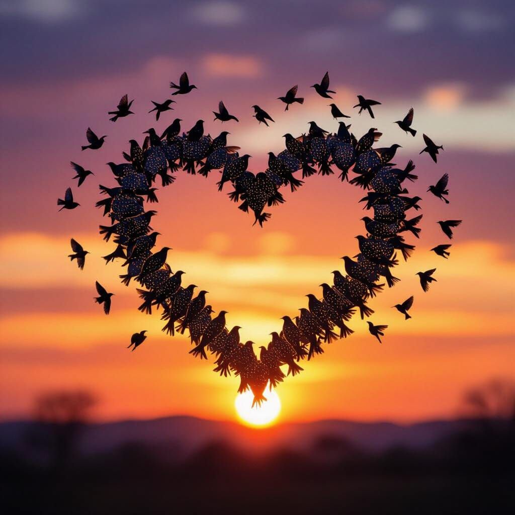 Starlings Form Heart Shape in Golden Hour Sunset Sky