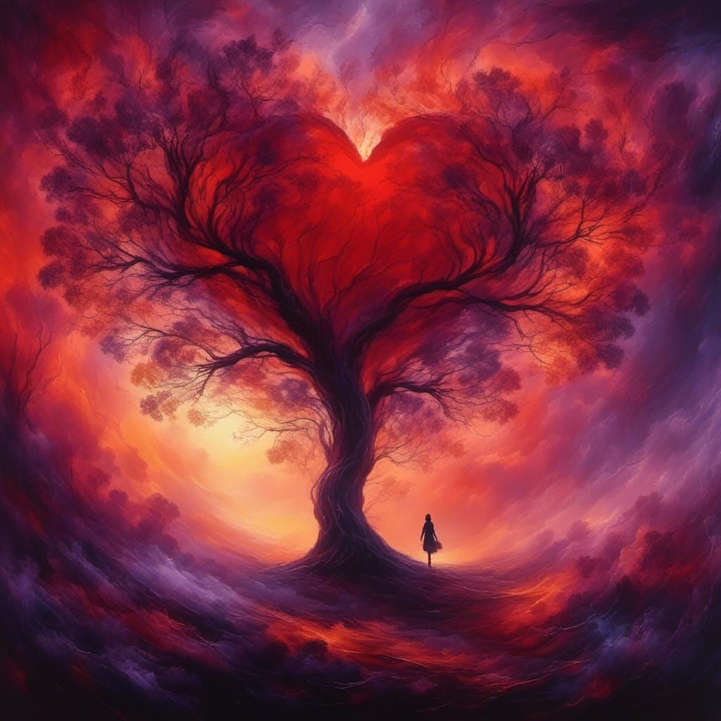 a closeup figure portrait of a female carrying a big red hea...