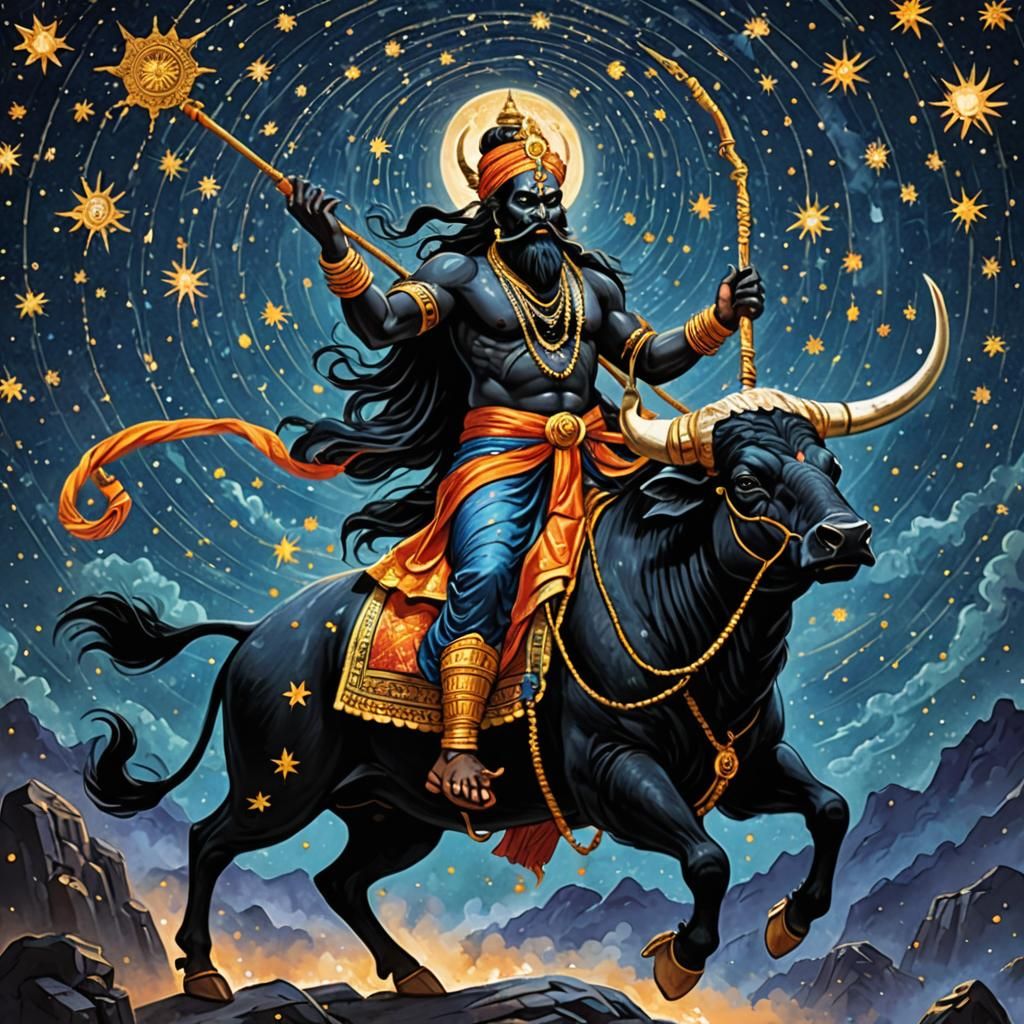 Indian Yamraj, Hindu God of Death, Rides the Sky