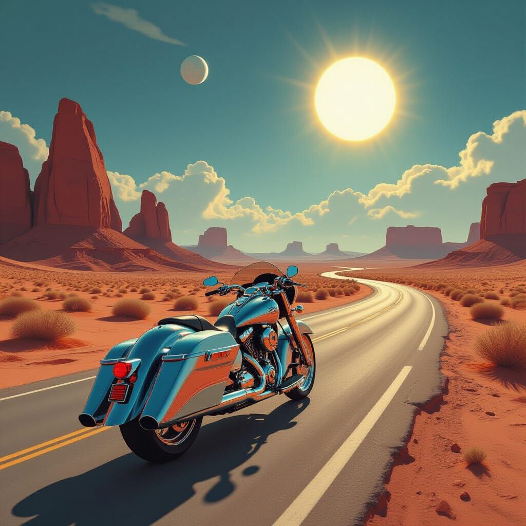 Futuristic Chrome Motorcycle on Alien Desert Highway