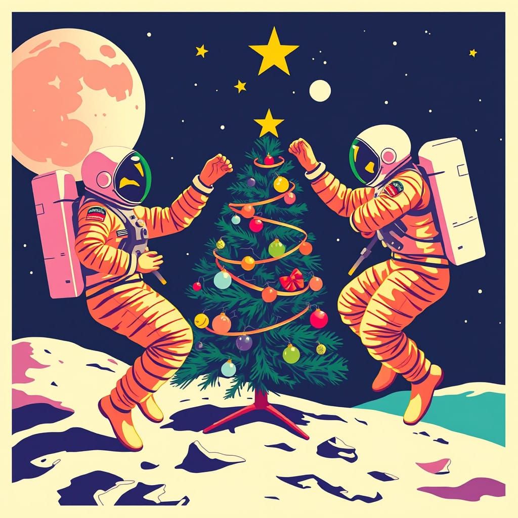 Pop Art Christmas on the Moon in Vibrant Colors