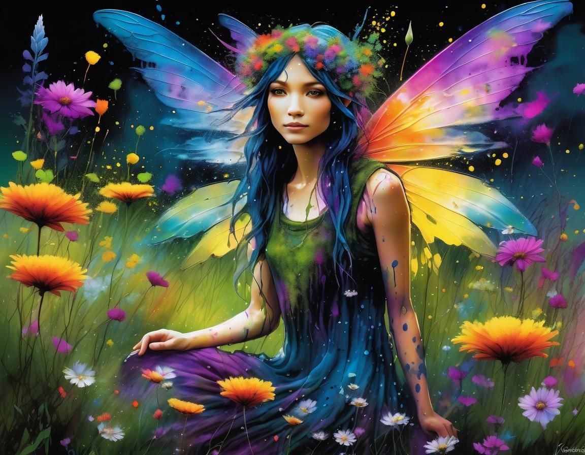 Wildflower Fairy in Dark Fantasy Ink Splatter Style