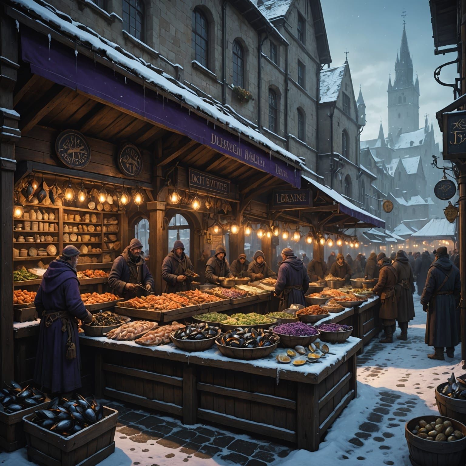 Fantasy Fish Market Scene in Winter Wonderland