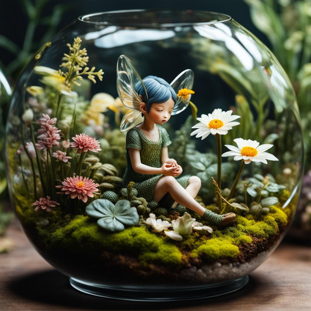 Pixie in Detailed Glass Terrarium, 3D Render