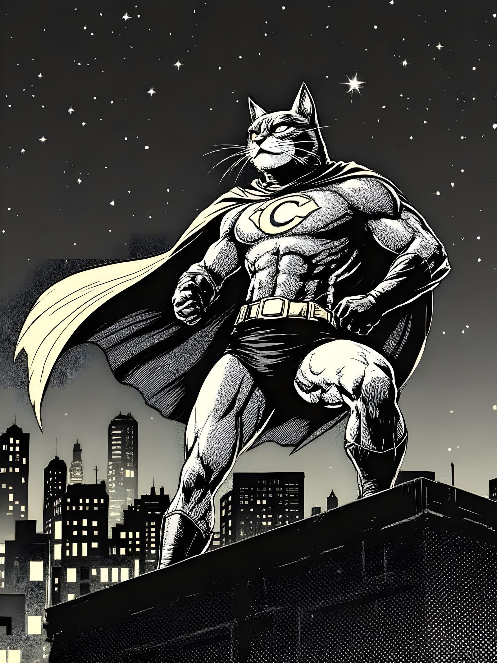 Heroic Cat Superhero in 1940s Comic Style