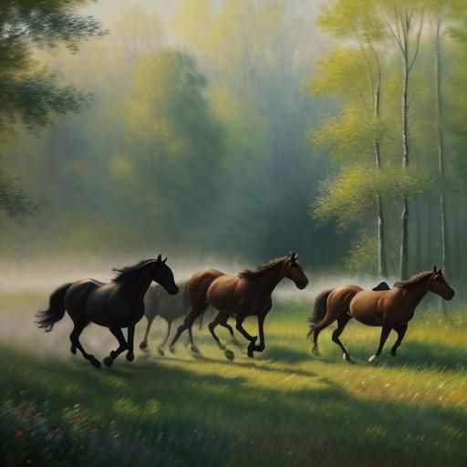 Impressionist Horses Running in Forest Clearing