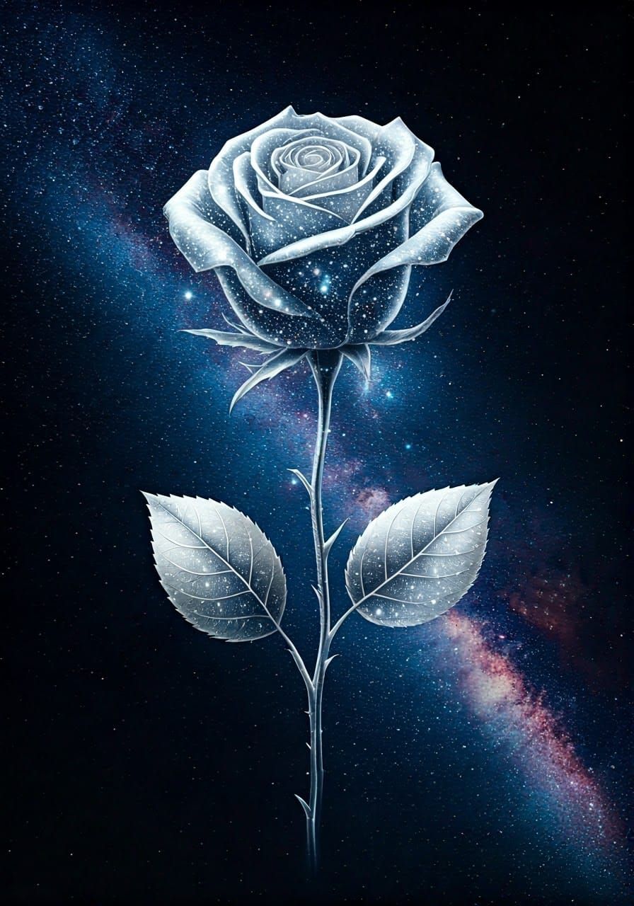 Silvery Rose Crafted from Stars in Surreal Starry Sky