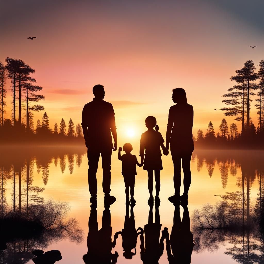 Double Exposure: Sunset Landscape and Happy Family