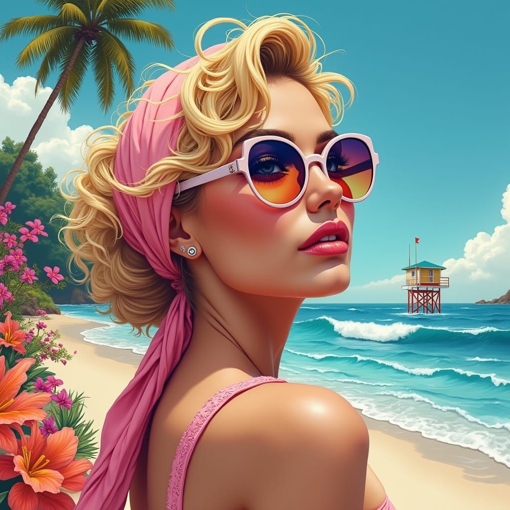 Woman with Beach Reflection, Alphonse Mucha Style