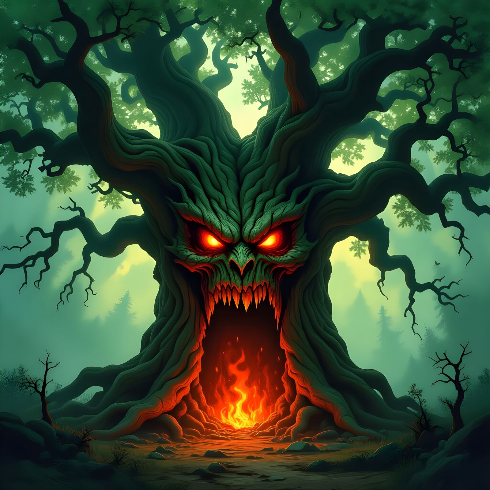Menacing Oak Tree with Mouth and Eyes
