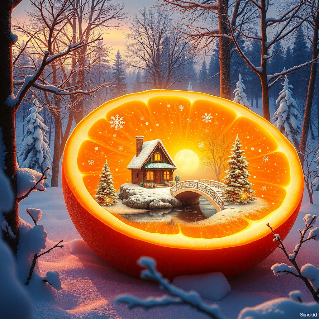 Surreal Orange Winter Wonderland in Whimsical Style