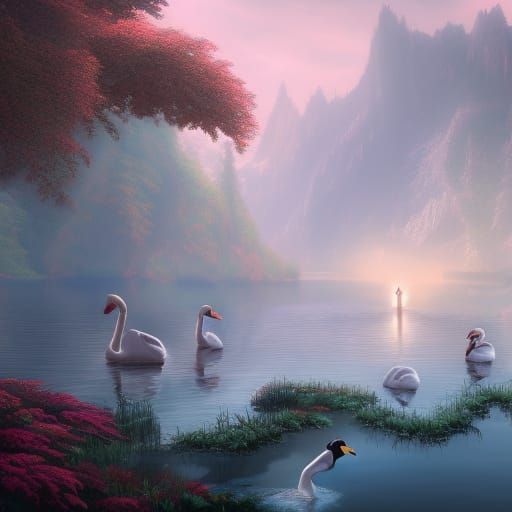 Swan Lake: Detailed Matte Painting in Deep Color