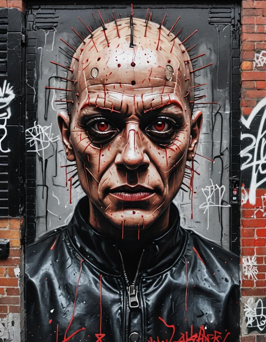 A "Wanted Dead Or Alive" wanted poster of a hyperrealistic Pinhead from the Hellraiser movies, Outlined in white with WA...