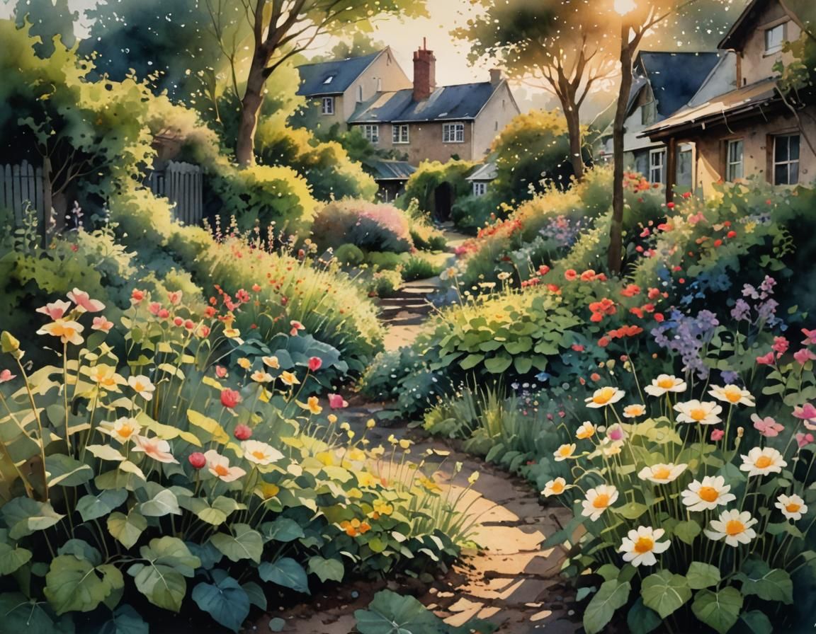 Sunlit Garden in Watercolor Style
