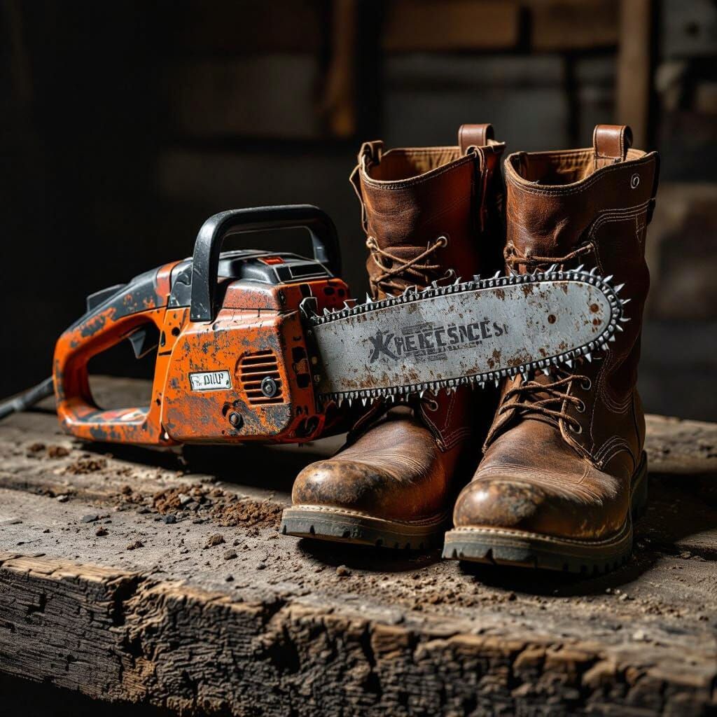 Chainsaw and Work Boots: Hyperrealistic Still Life