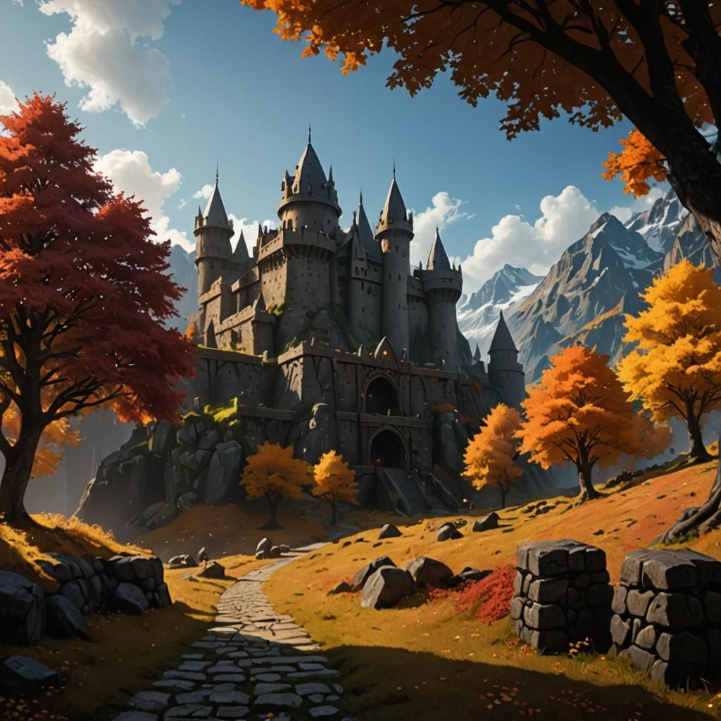Epic Dwarven Fortress in Autumn, Cinematic 3D Anime Art