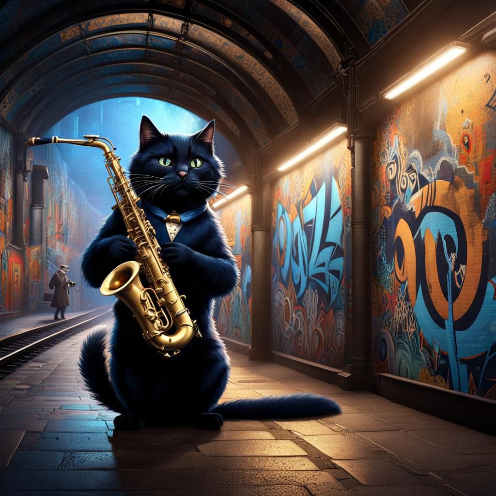 Black Cat Jazz Saxophonist in Subway Art
