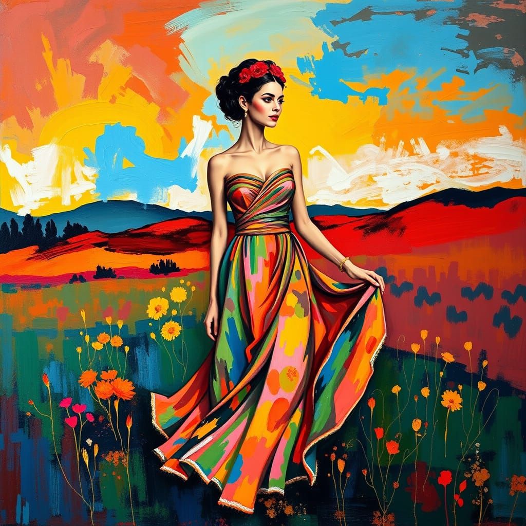 Abstract Woman in Vibrant Landscape Painting