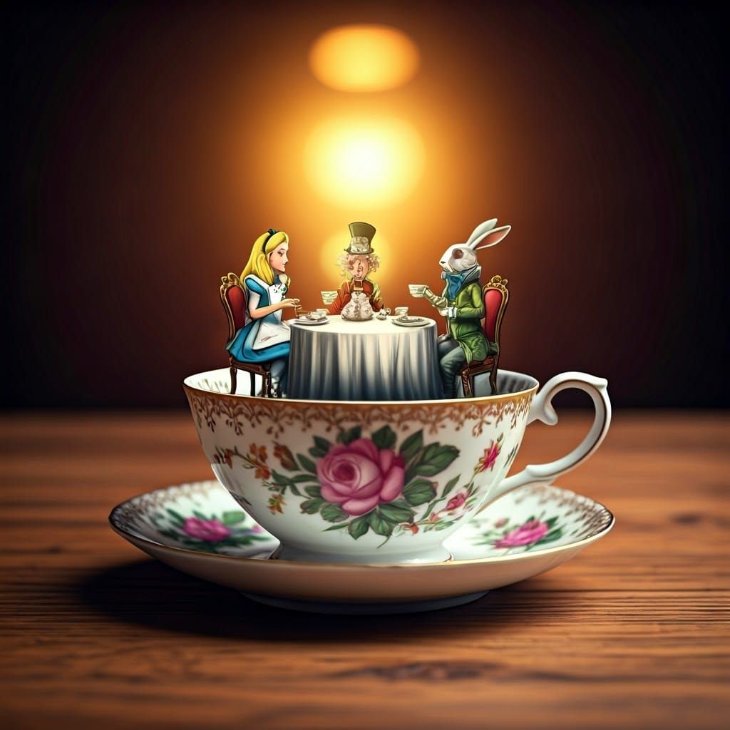 Alice's Tea Party in Antique Teacup, Surreal Scene