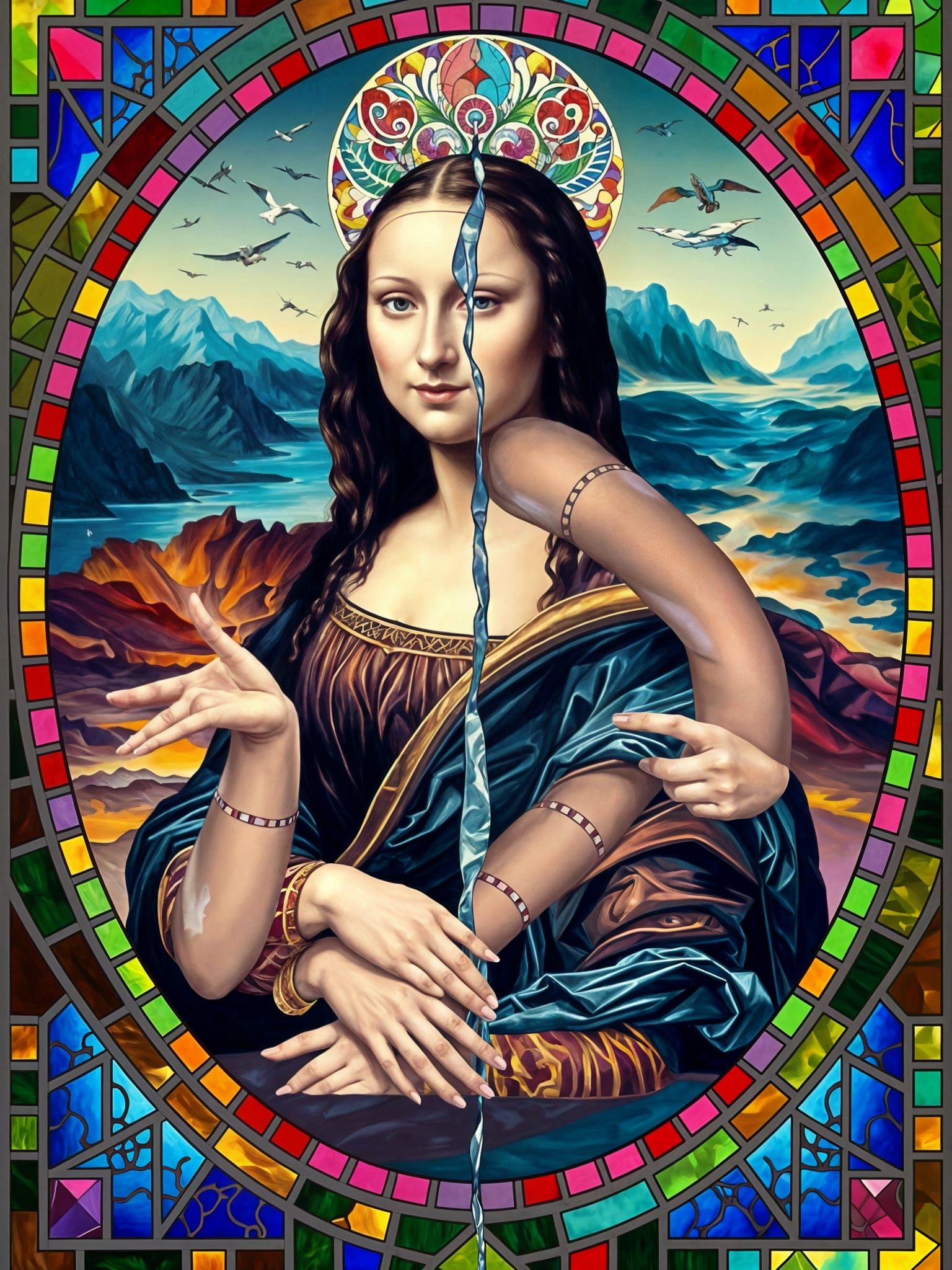 Dadaist Mona Lisa in Airbrushed Pastel Stained Glass