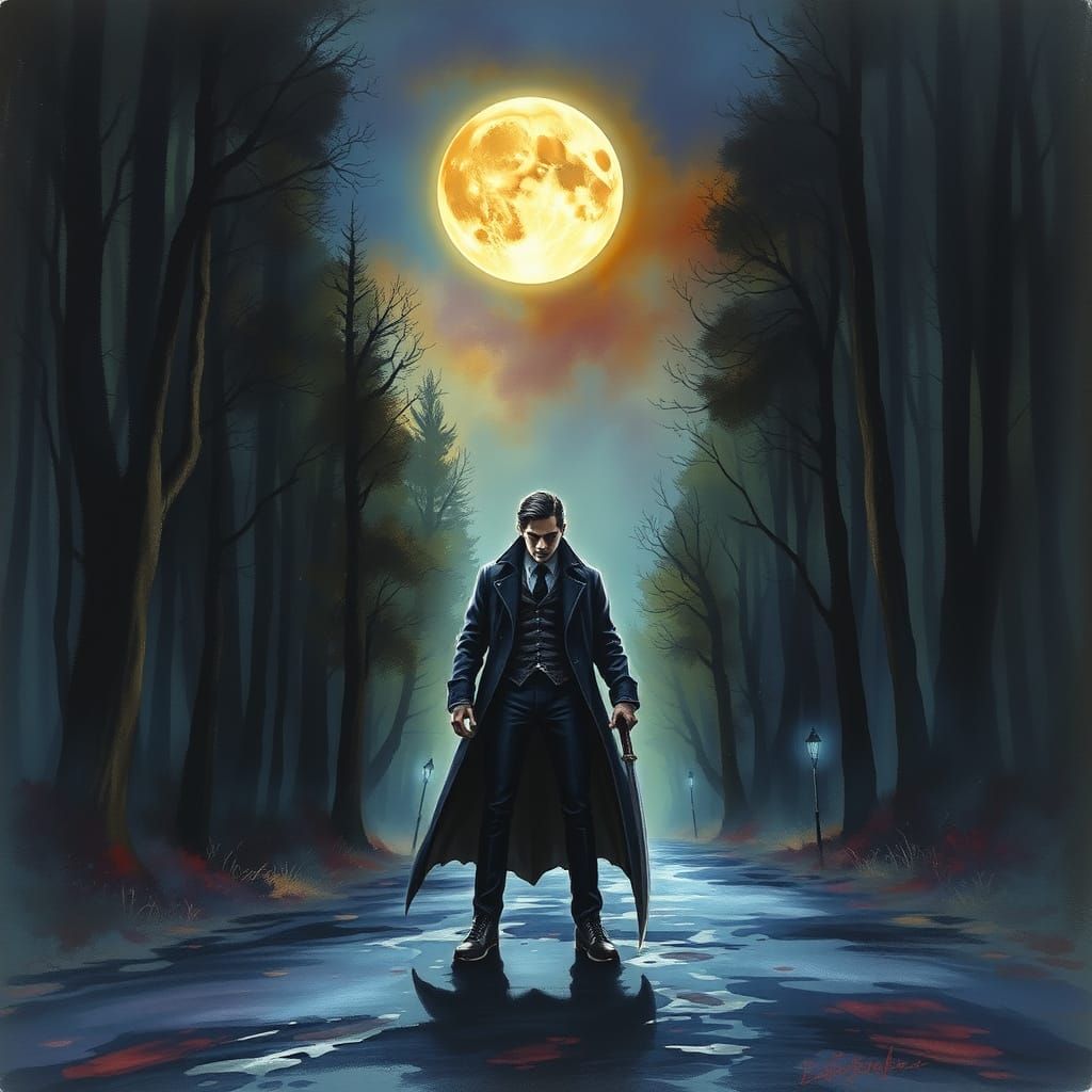Vampire Hunter on Dark Road Under Ethereal Moon