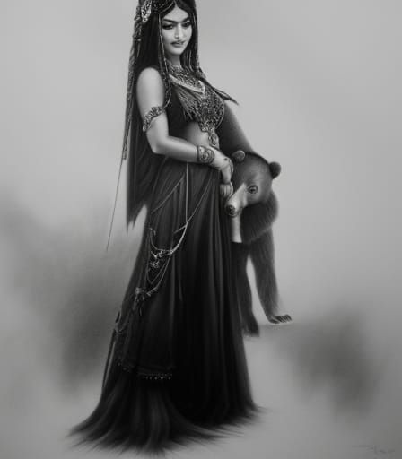 Gypsy Witch and Bear Companion in Detailed Pencil Sketch