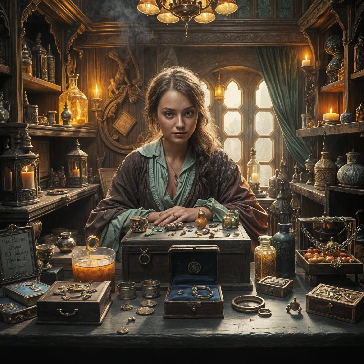 Mysterious Woman Selling Magical Items as Oil Painting