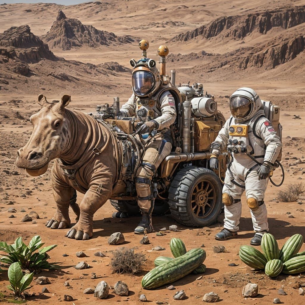 Steampunk Hippopotamus and Giraffe on Mars